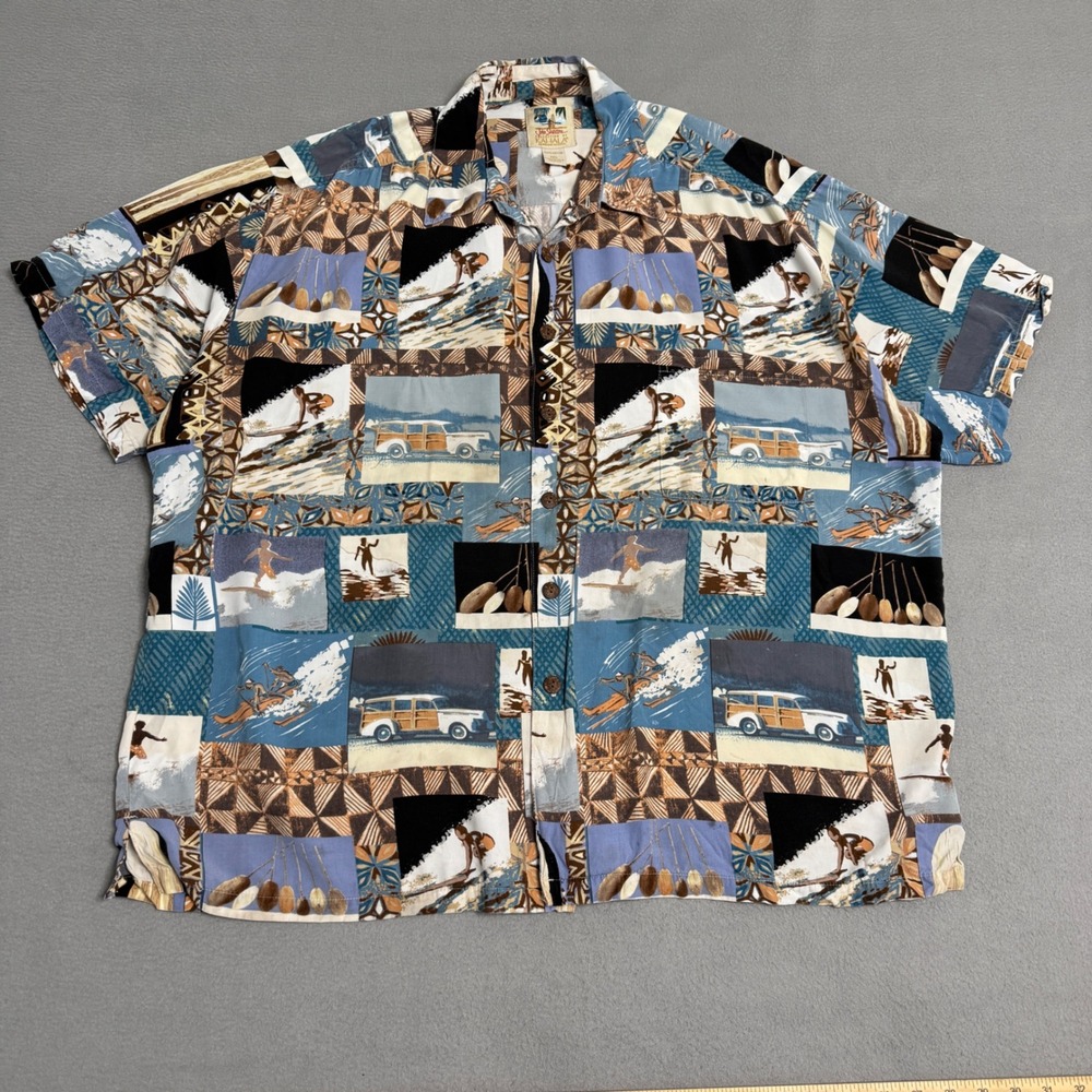 Kahala John Severson Shirt Mens XXL Blue Rayon Surf Woodie Wagon Hawaiian Aloha